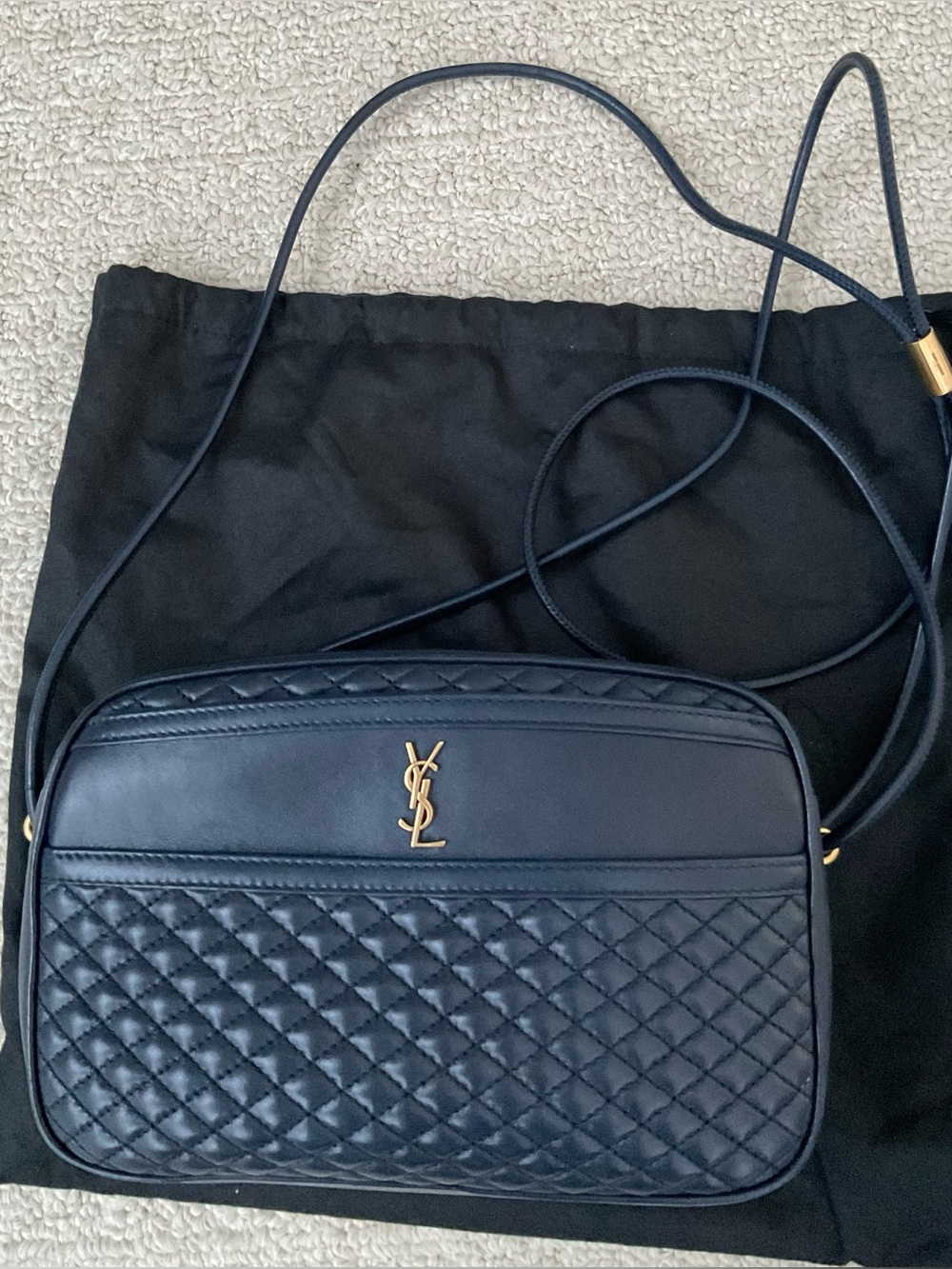 Saint Laurent Navy Quilted Leather Crossbody Camera Bag with Gold Hardware